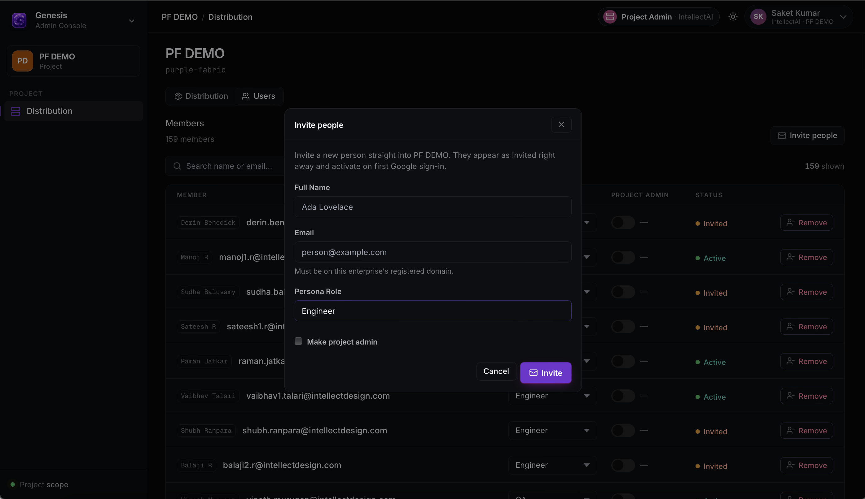 Invite people form with fields for full name, email, persona role, and project-admin access