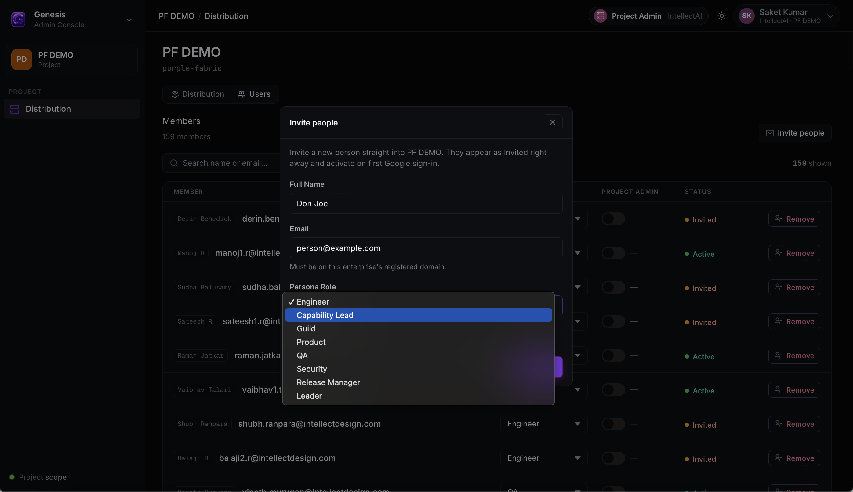 Persona Role menu listing Engineer, Capability Lead, Guild, Product, QA, Security, Release Manager, and Leader