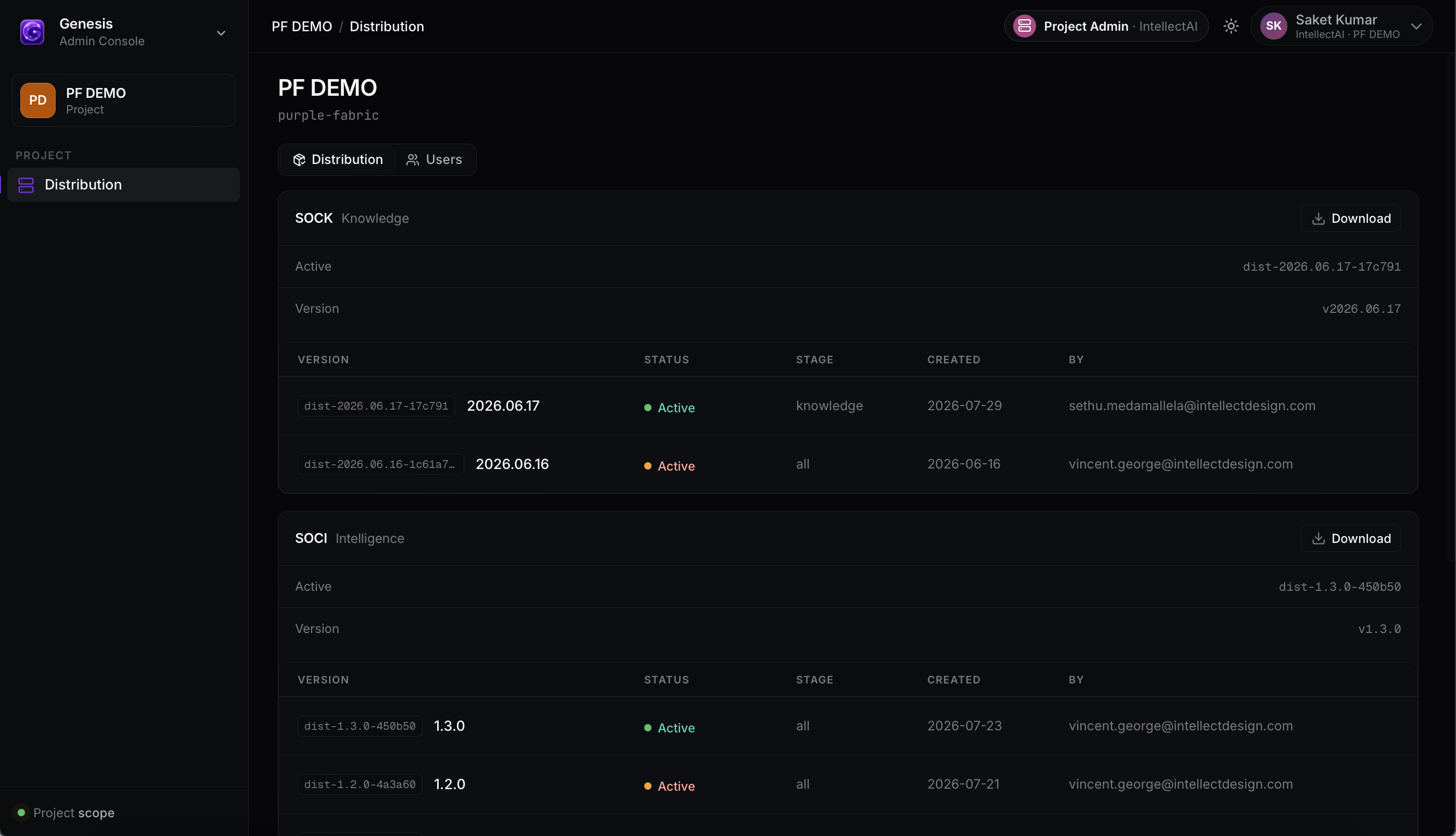 Project Admin Console showing Distribution and Users tabs for the selected project