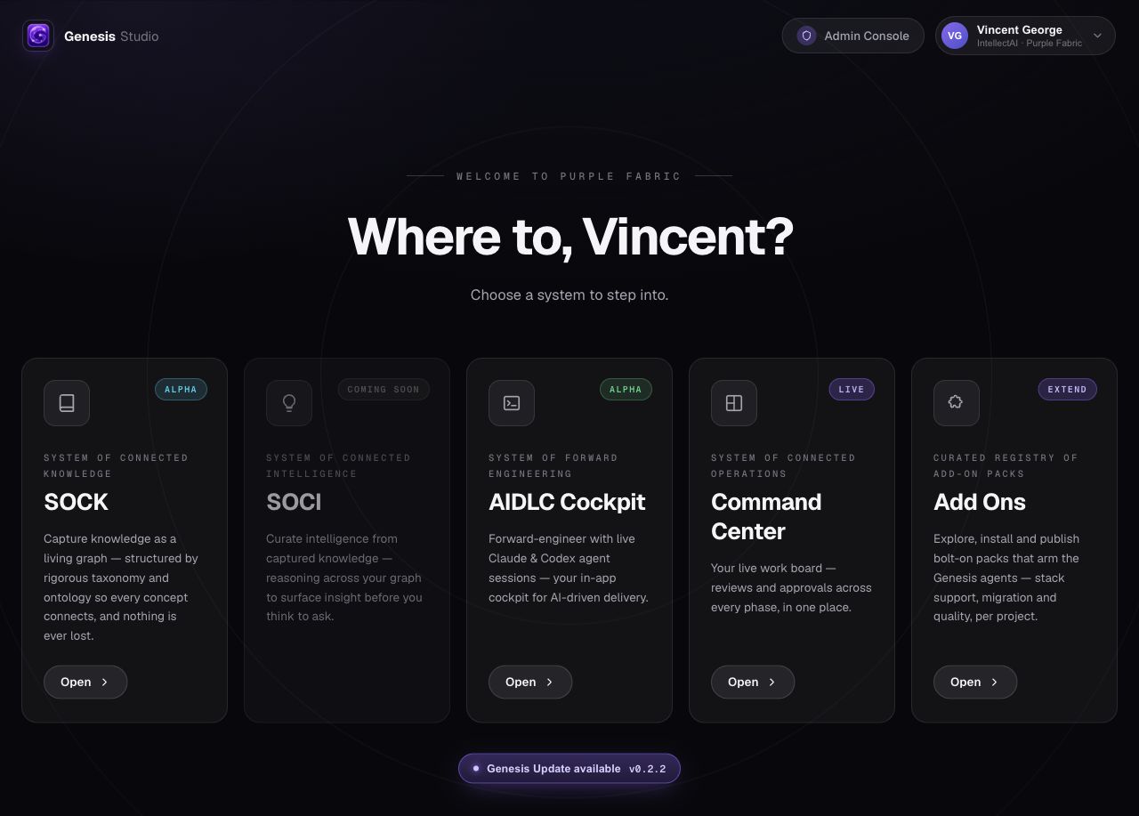 Genesis project launcher with SOCK, SOCI, AIDLC Cockpit, Command Center, and Add Ons