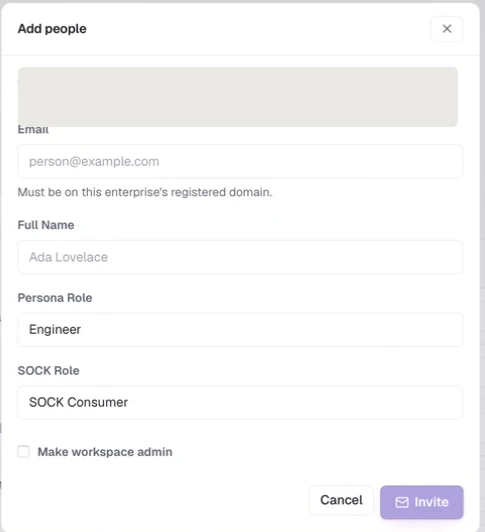 The Admin Console Add people dialog with email, full name, persona role, SOCK role, and workspace administrator controls