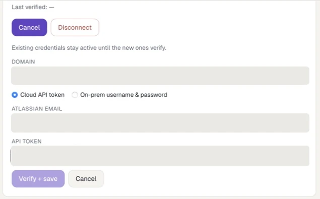 Jira Cloud connection form with domain, Atlassian email, and API token fields redacted