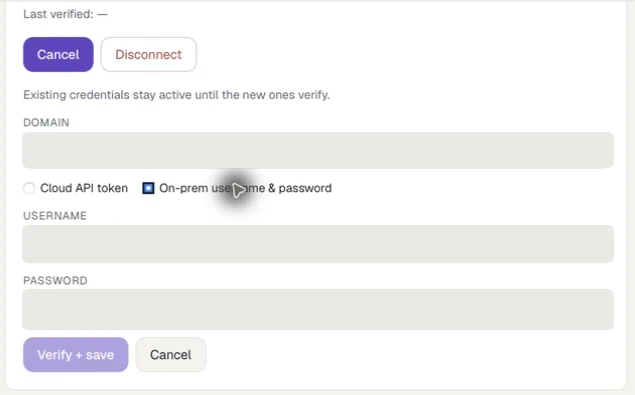 Jira on-premises connection form with domain, username, and password fields redacted