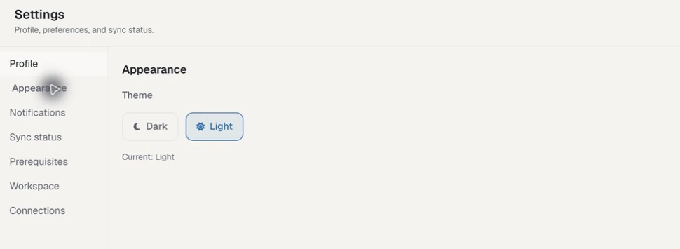 MSOCK Appearance settings with Dark and Light theme choices