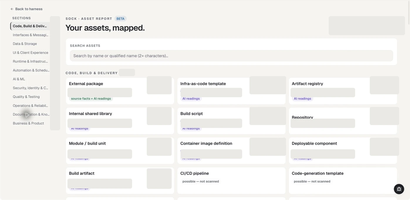 MSOCK Asset Inventory showing asset families and technical asset types with all estate-specific counts removed
