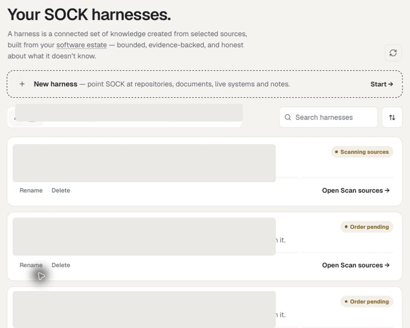 The SOCK harness list showing resumable processing states with harness names and identifiers removed