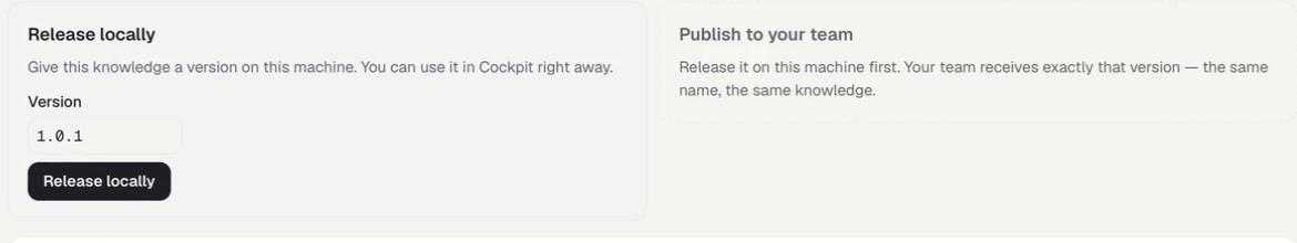 The SOCK Release screen with separate Release locally and Publish to your team panels