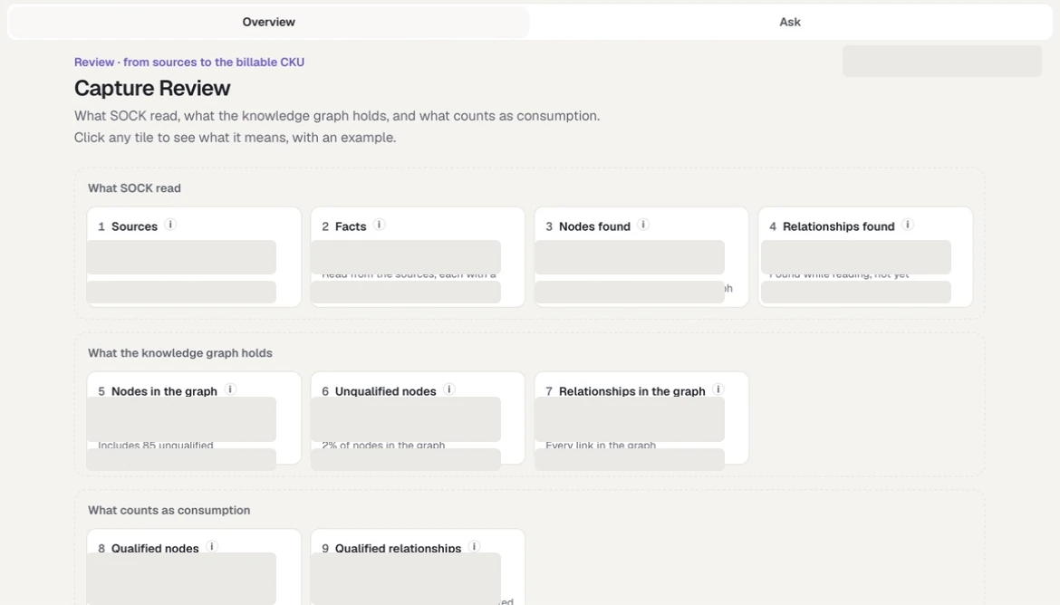 The SOCK Review screen organised into what SOCK read, what the graph holds, and what counts as consumption, with all estate measurements removed