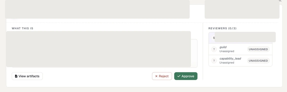 An expanded SOCM gate review with artefact, reviewer, reject, and approve controls and internal work details removed