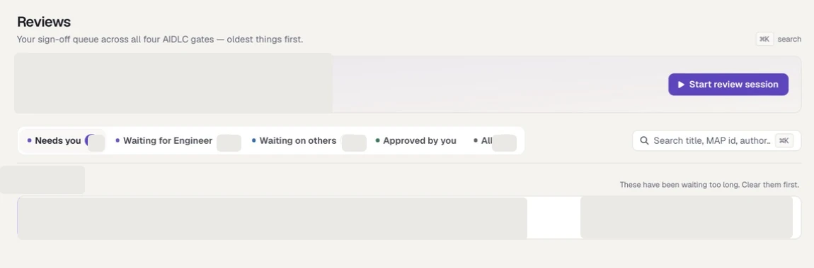 The SOCM Reviews queue showing action tabs, search, and the review-session control with work-item data removed