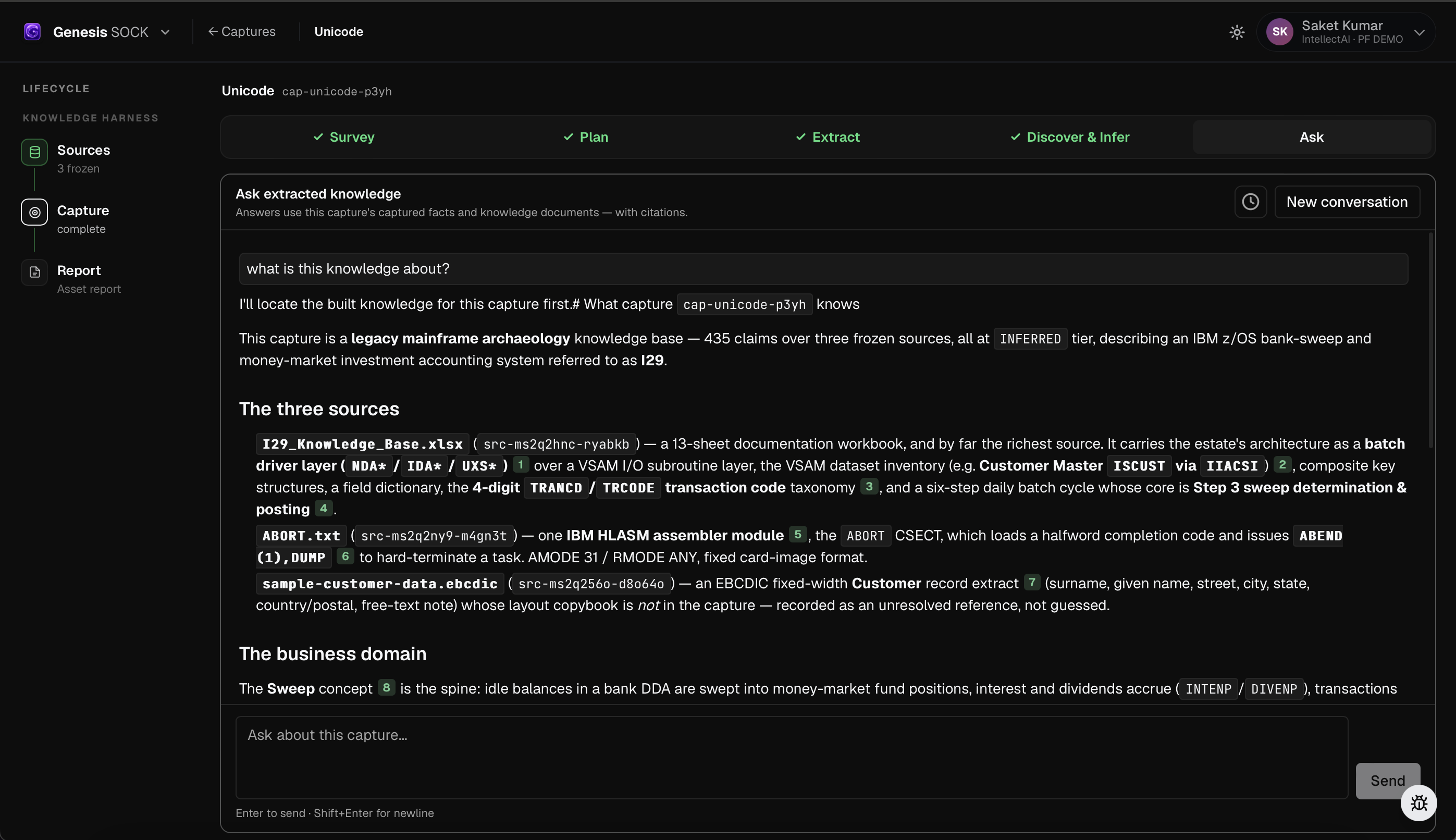 SOCK Ask response describing captured knowledge with numbered citations to frozen sources