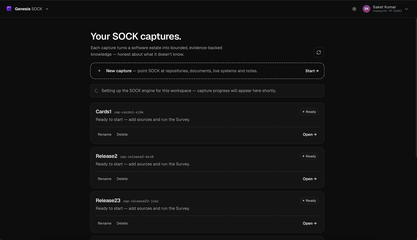 SOCK capture library showing several named captures and their readiness state