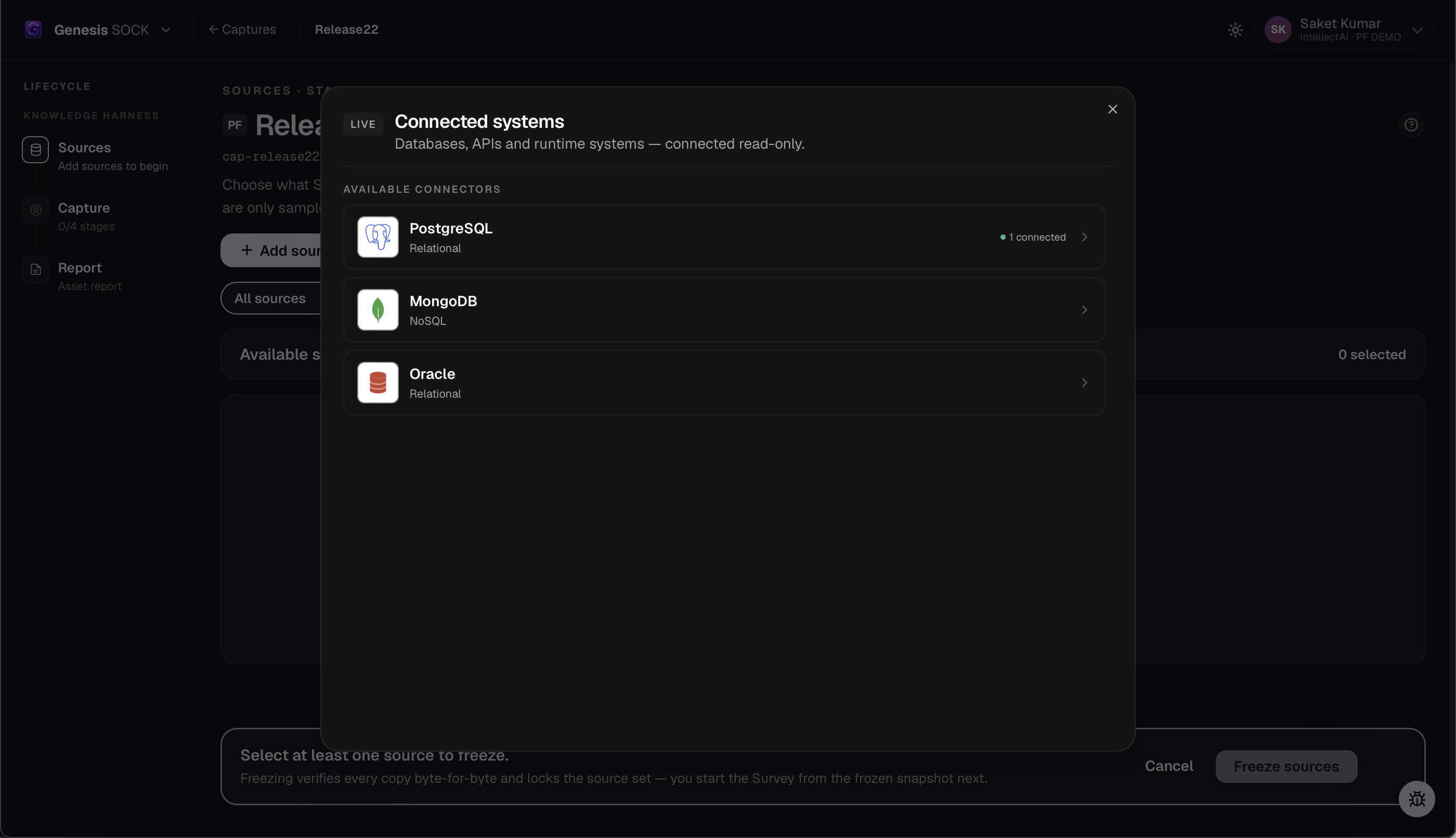 Connected systems dialog listing PostgreSQL, MongoDB, and Oracle connectors