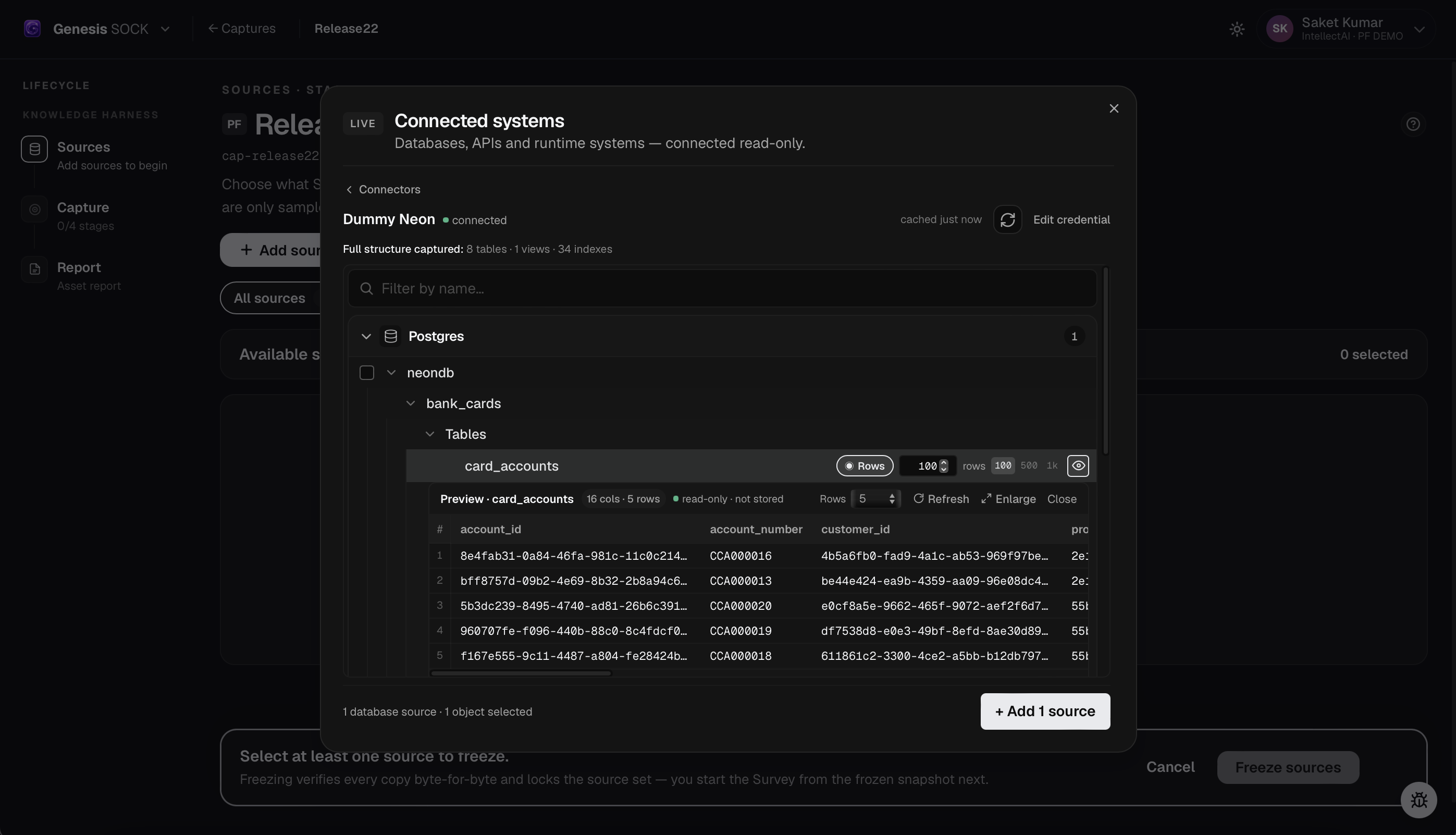 PostgreSQL structure browser with a table selected and sample-row controls