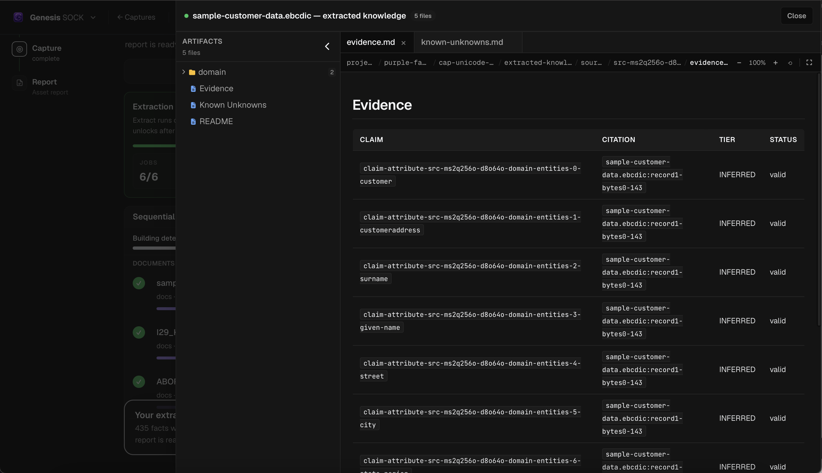 Extracted-knowledge preview showing generated files and evidence claims with citations and tiers