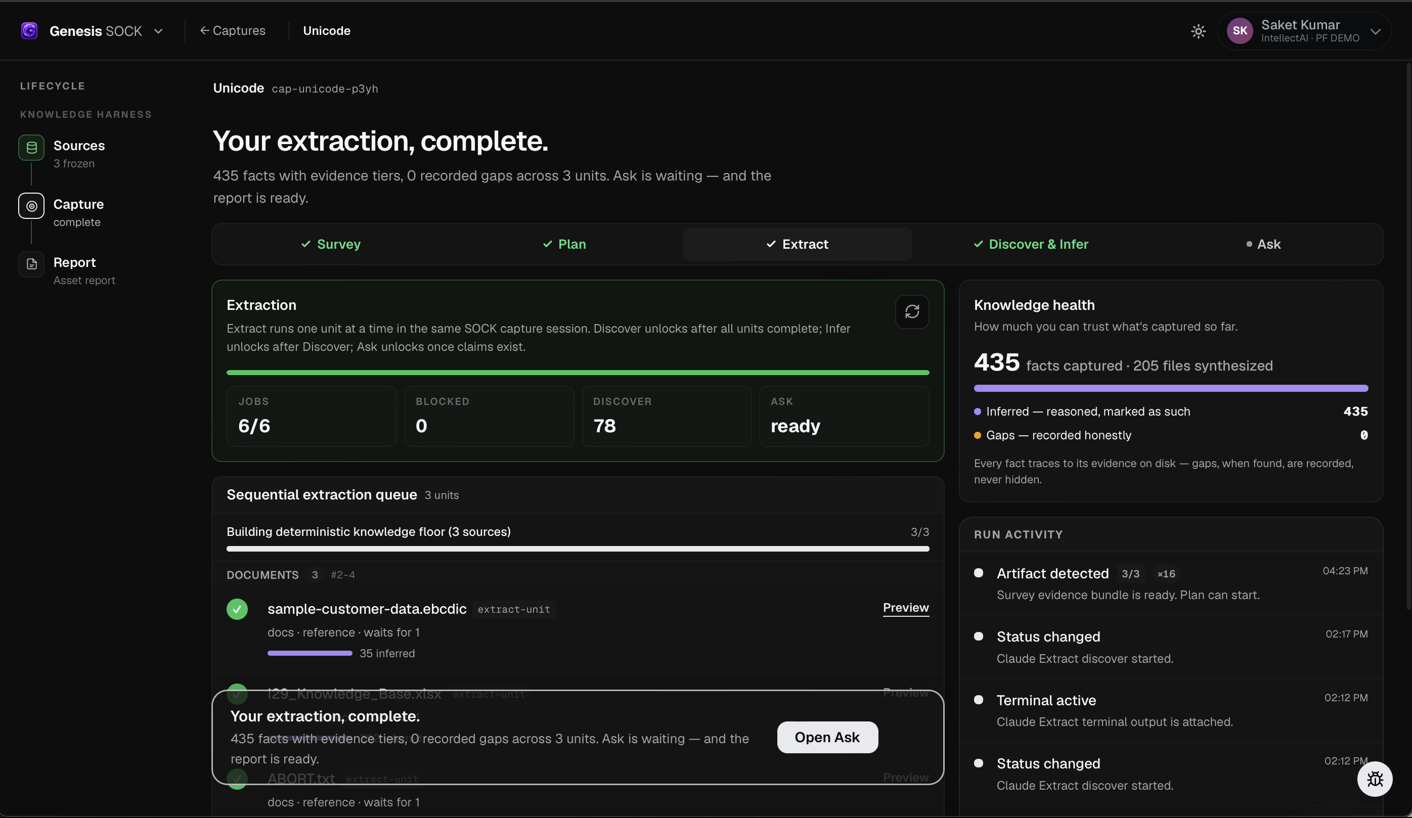 Completed SOCK extraction with Preview actions, knowledge health, Claude terminal, and the next processing stage