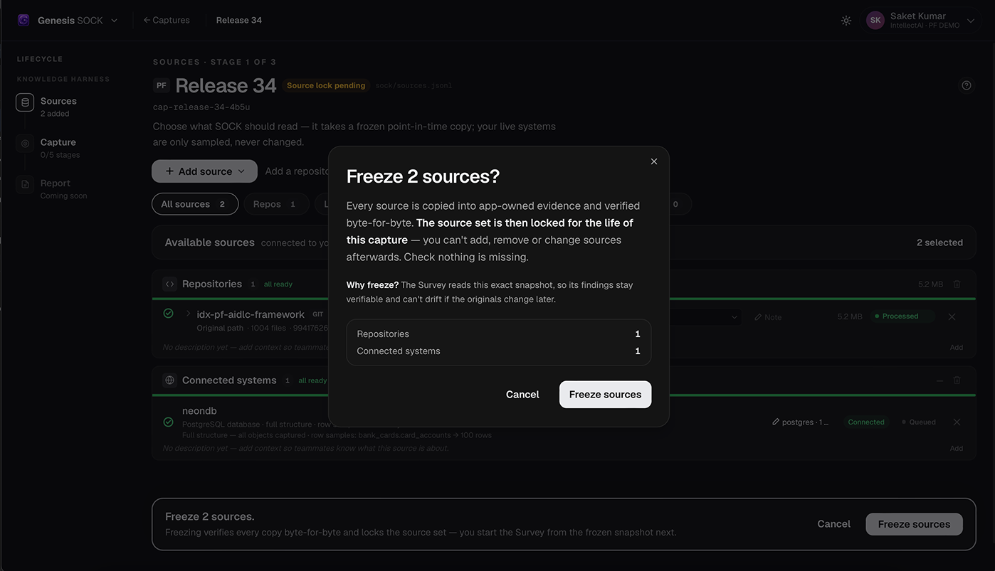 Confirmation dialog explaining that freezing locks the selected sources for the life of the capture