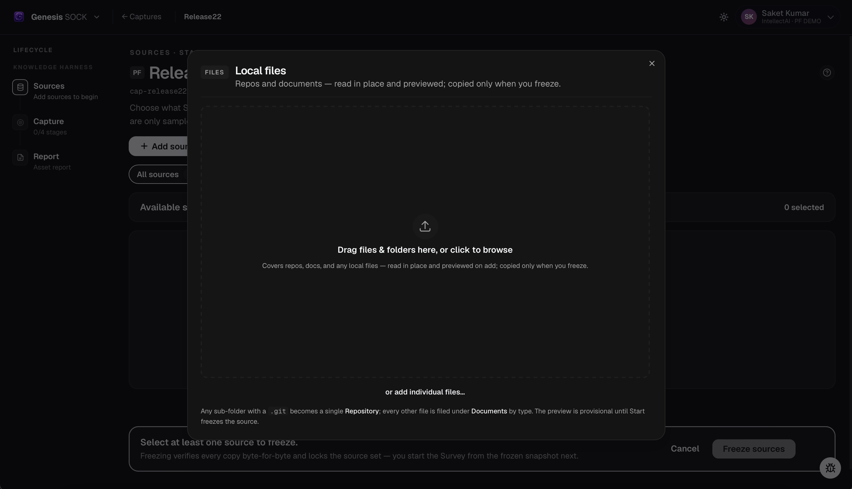 Local files dialog for adding repositories, folders, documents, or individual files