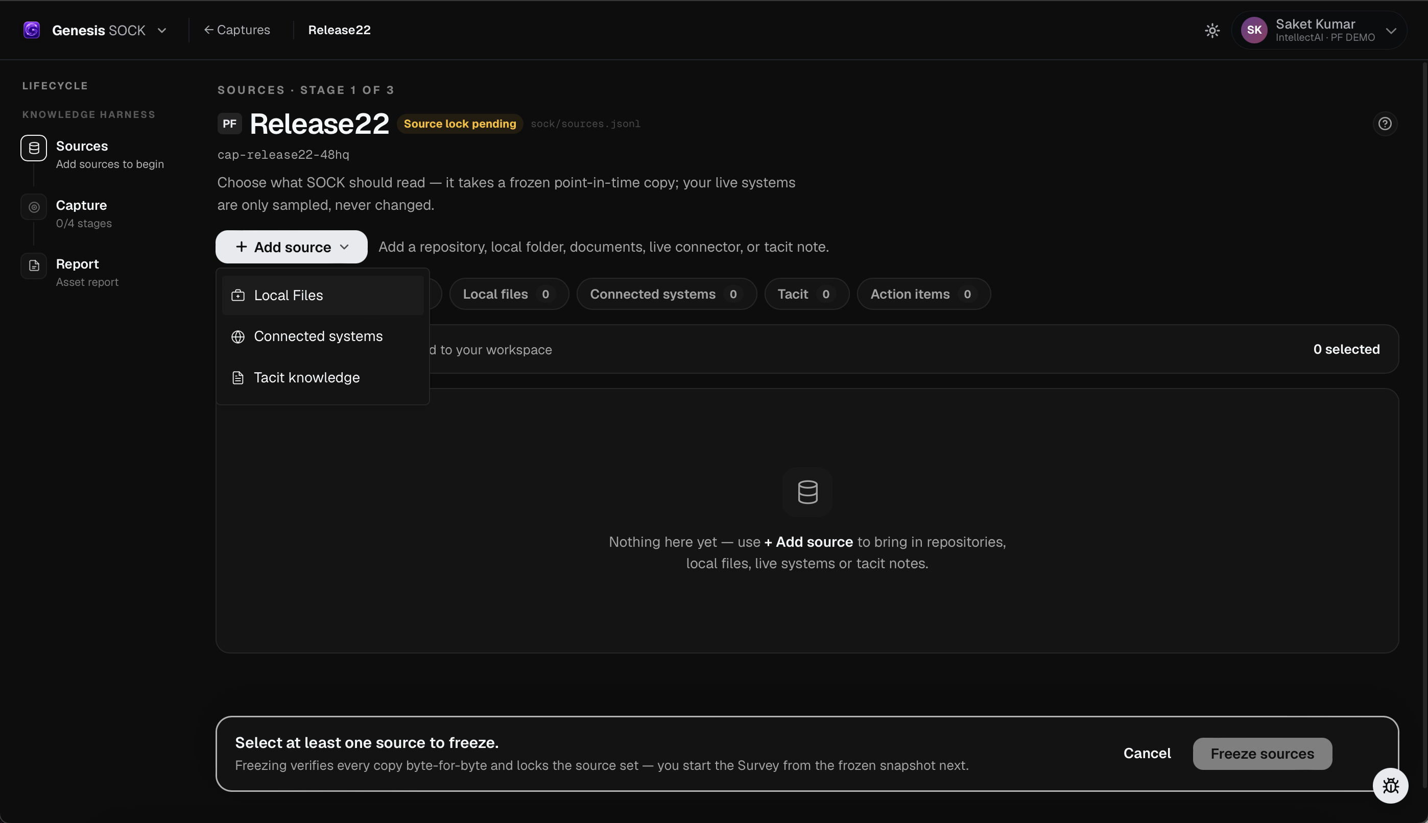 SOCK Sources phase before Capture with Local files, Connected systems, and Tacit knowledge in the Add source menu