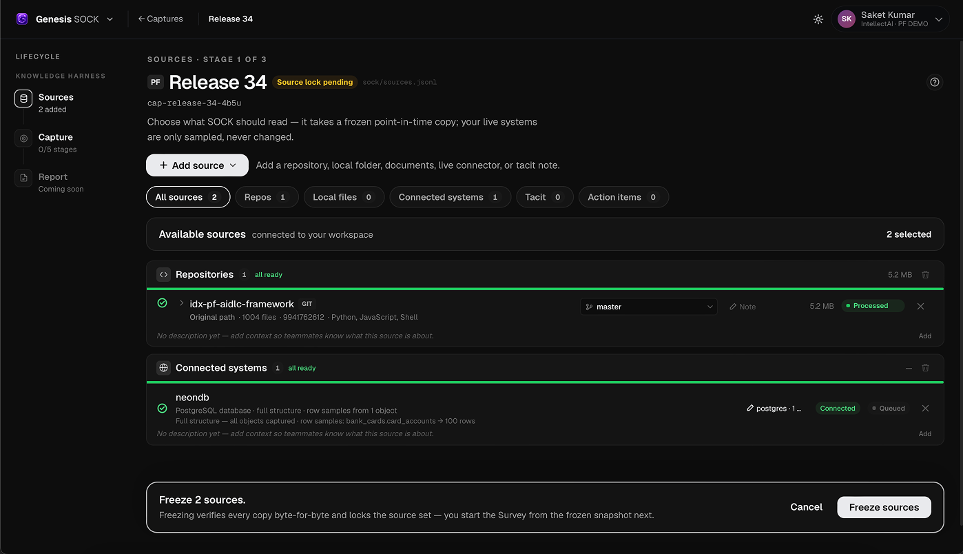 SOCK source review showing a repository and a connected database selected before freezing