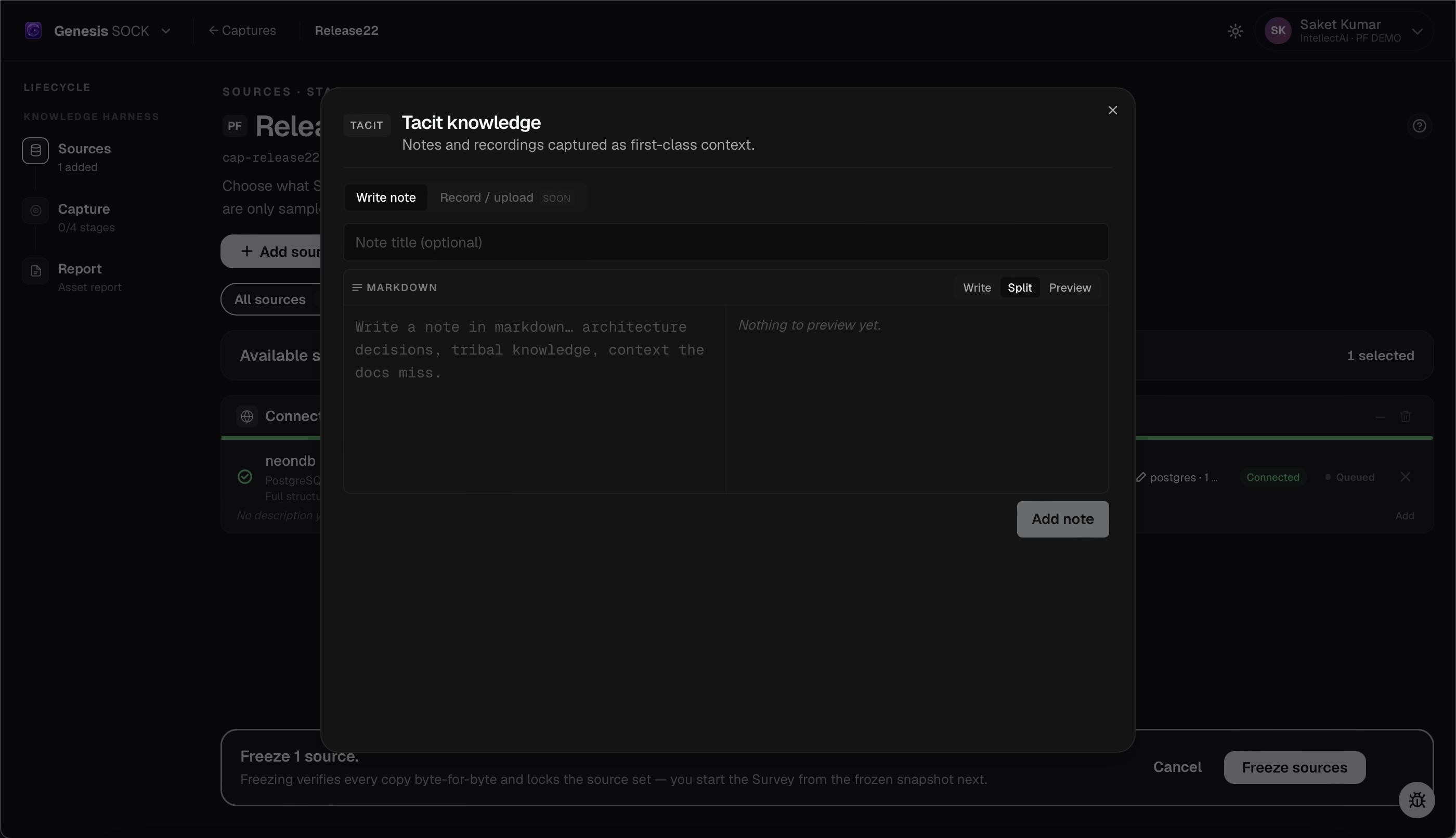 Tacit knowledge dialog with Write, Split, and Preview modes for an attributed Markdown note